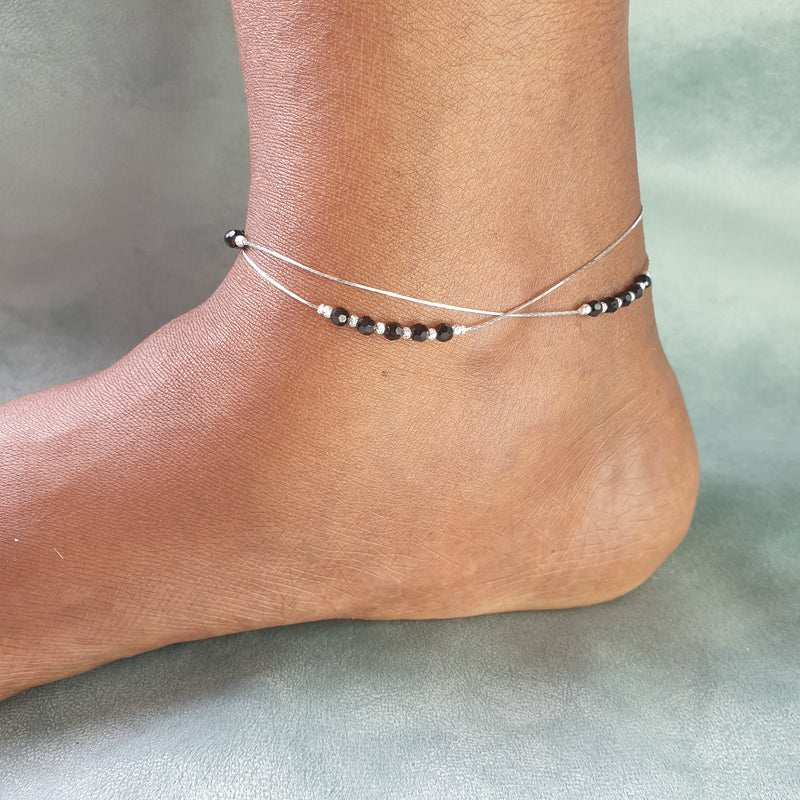 Black Crystal Silver Anklet