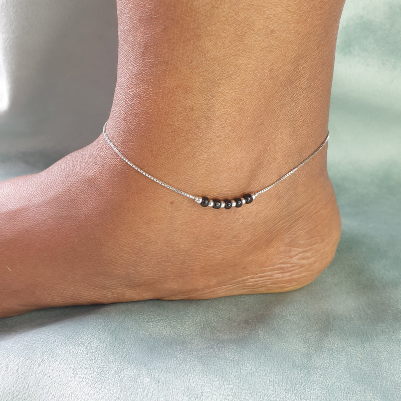 Black Beads Silver Anklet