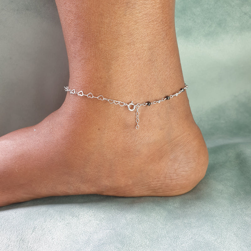 Black Bead Heart Silver Anklet