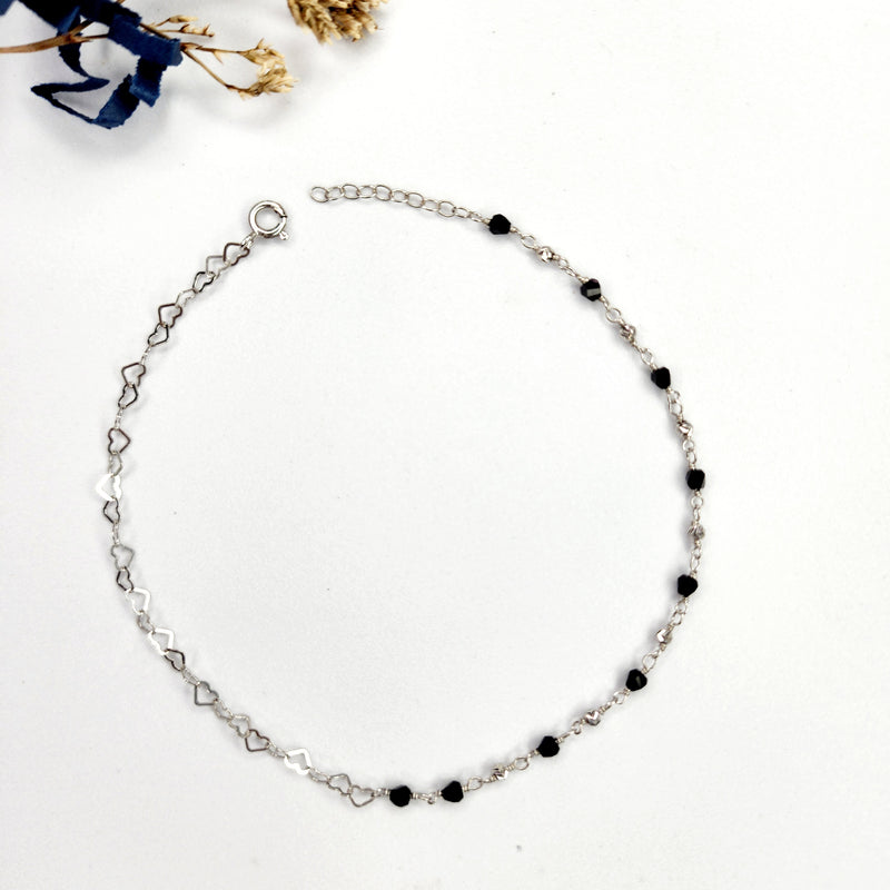 Black Bead Heart Silver Anklet