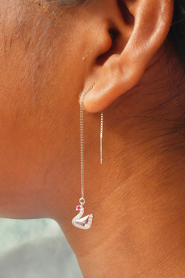 Swarovski Swan Rhodium 925 Silver Sui Dhaga Earrings